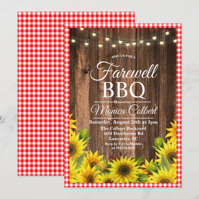 Rustic Farewell BBQ Sunflower Invitation (Front/Back)
