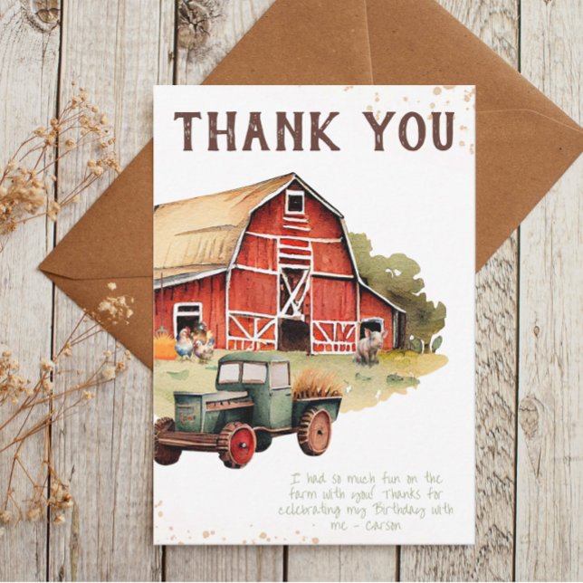 Rustic Farm Animal Tractor Boys Birthday Thank You Card (Creator Uploaded)