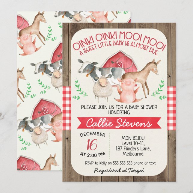 Rustic Farm Animals Baby Shower Invitation (Front/Back)