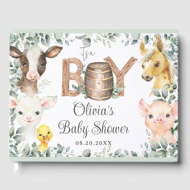 Rustic Farm Animals Barn Greenery Boy Baby Shower  Guest Book (Front)