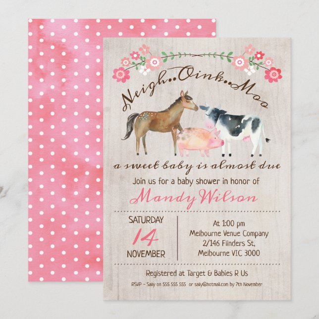 Rustic Farm Animals Girls Baby Shower Invitation (Front/Back)