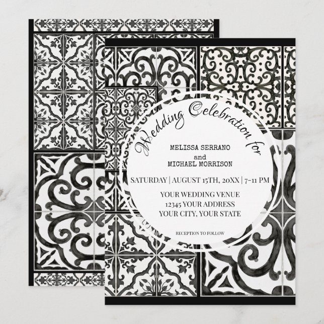 Rustic Farm Barn Modern Tile Black White Wedding Invitation (Front/Back)