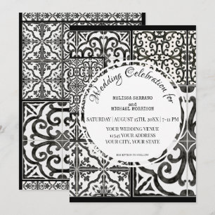 Rustic Farm Barn Modern Tile Black White Wedding Invitation