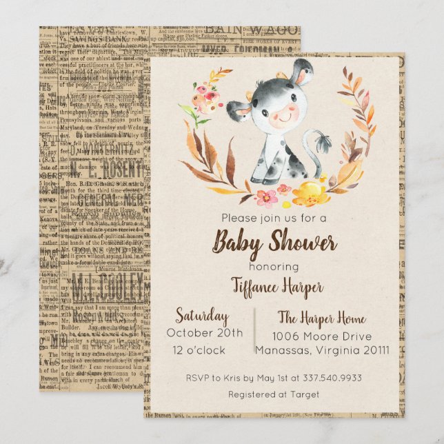 Rustic Farm Cow Baby Shower Invitation (Front/Back)