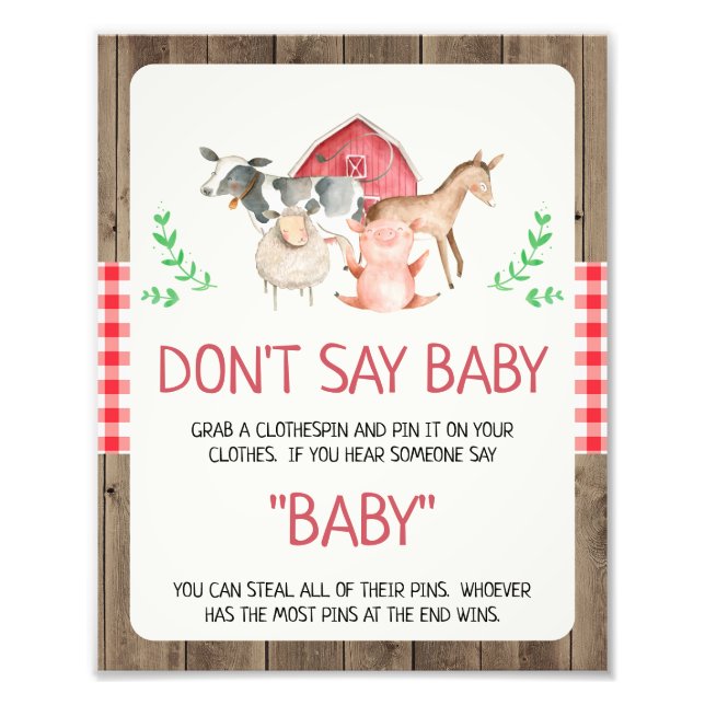 Rustic Farm Don't Say Baby Baby Shower Sign (Front)