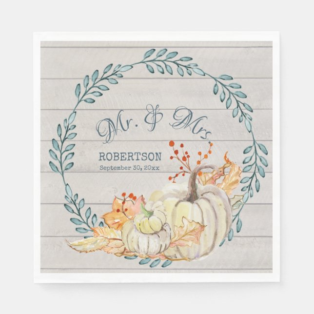Rustic Farm Fall Leaves n Pumpkin Bridal Shower Napkin (Front)