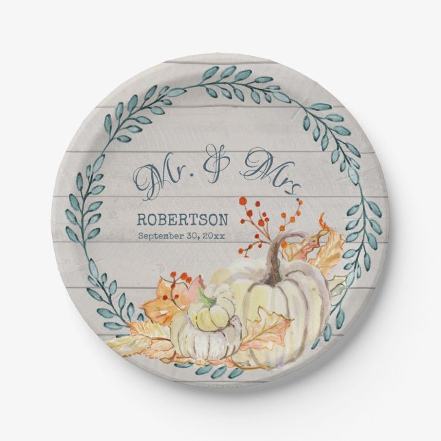 Rustic Farm Fall Leaves Wedding Watercolor Pumpkin Paper Plate (Front)