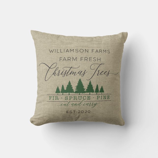 Rustic Farm Fresh Christmas Trees Family Name Thro Cushion (Front)