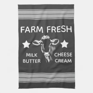 Rustic Farm Fresh Dairy Cow & Stripes Tea Towel