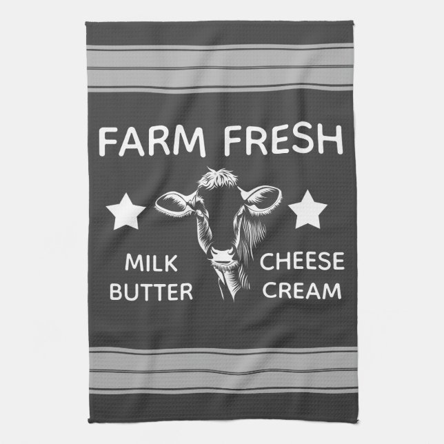 Rustic Farm Fresh Dairy Cow & Stripes Tea Towel (Vertical)