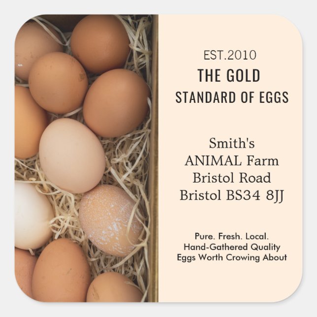 Rustic Farm Fresh Egg Labels, Personalised Chicken Square Sticker (Front)