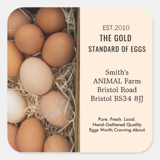 Rustic Farm Fresh Egg Labels, Personalised Chicken Square Sticker (Front)