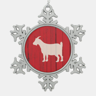 Rustic Farm Goat Red Barn Wood Panel Snowflake Pewter Christmas Ornament