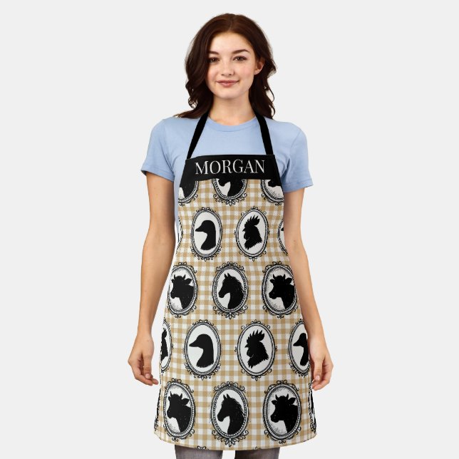 Rustic Farm Kitchen Barnyard Gingham Black & Khaki Apron (Worn)