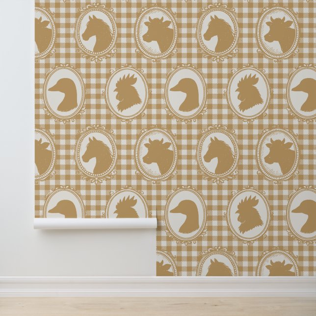 Rustic Farm Kitchen Barnyard Gingham - Khaki Toile Wallpaper (Application)