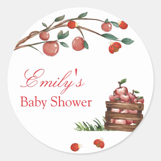 Rustic Farm Ladybug Apple Girl Baby Shower Classic Round Sticker (Front)