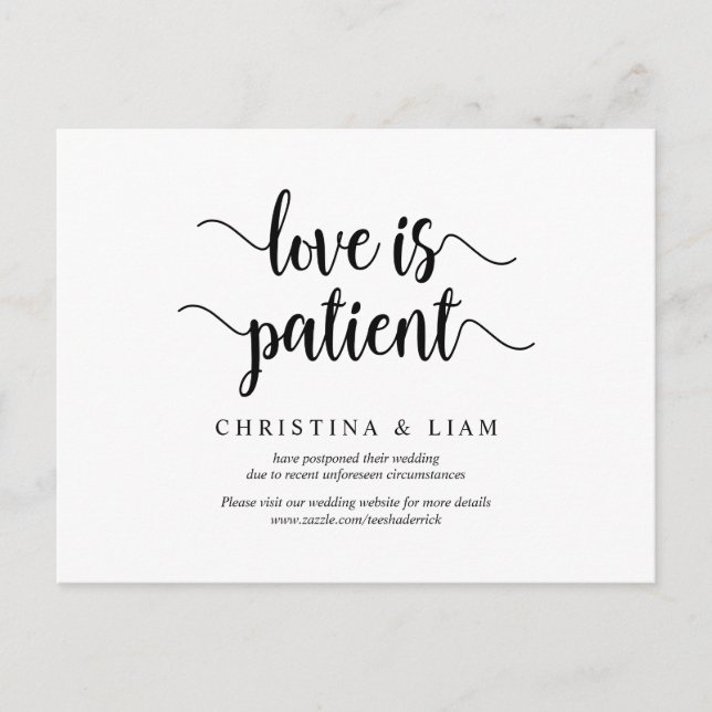 Rustic Farm, Love is Patient, Wedding postponed Postcard (Front)