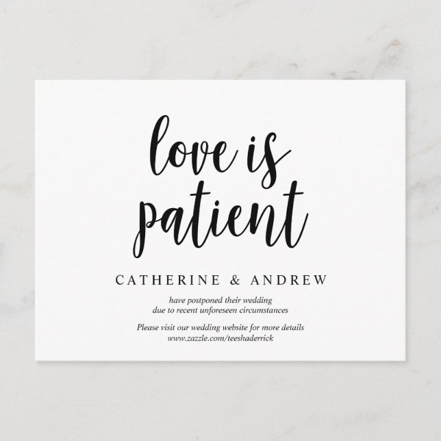 Rustic Farm, love is patient, wedding postponed Postcard (Front)
