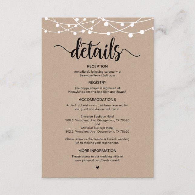 Rustic Farm String Lights design, Wedding Details Enclosure Card (Front)