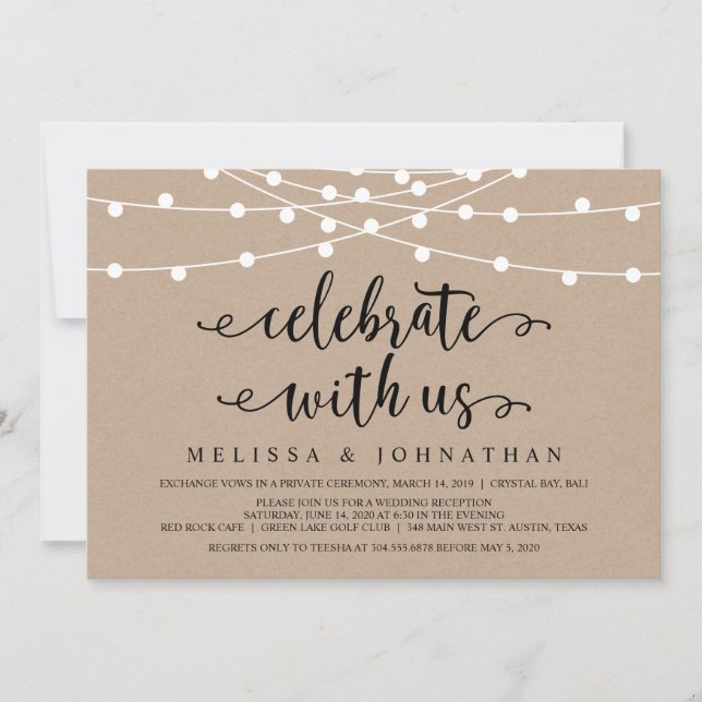 Rustic Farm String Lights, Kraft Wedding Elopement Invitation (Front)