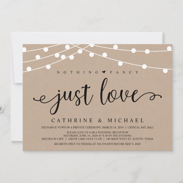 Rustic Farm String Lights, Kraft Wedding Elopement Invitation (Front)