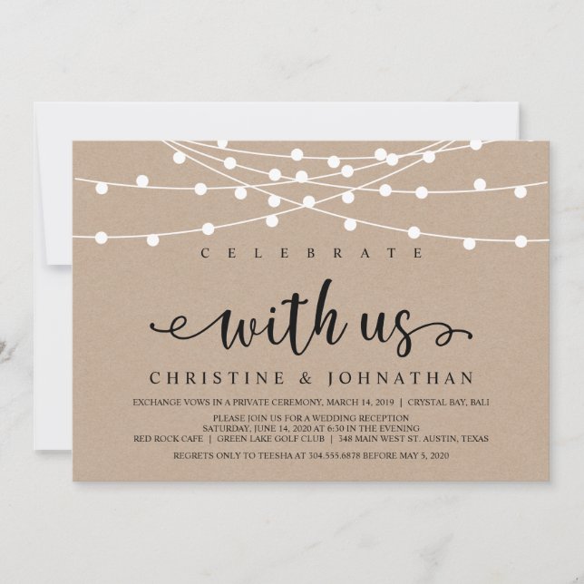 Rustic Farm String Lights, Kraft Wedding Elopement Invitation (Front)