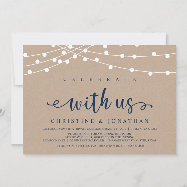 Rustic Farm String Lights, Navy Wedding Elopement Invitation (Front)