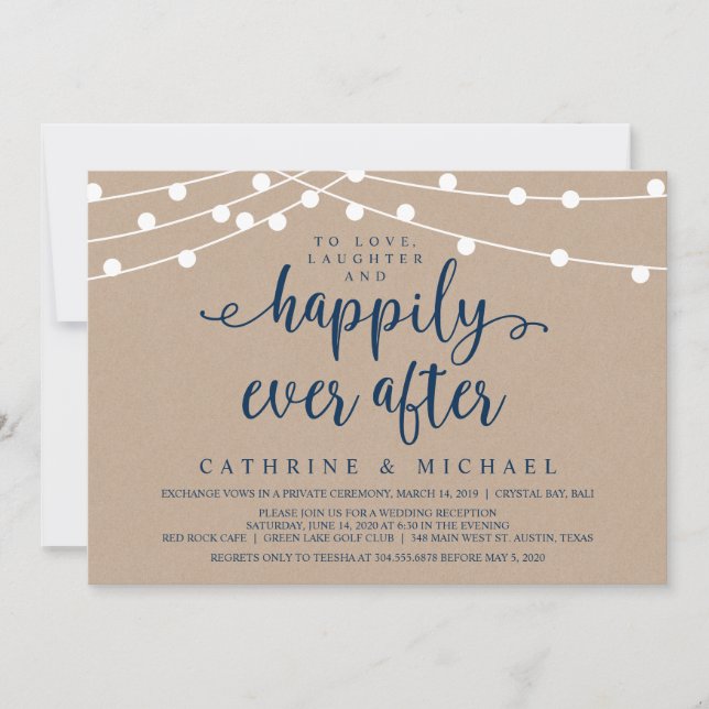 Rustic Farm String Lights, Navy Wedding Elopement Invitation (Front)