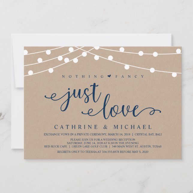 Rustic Farm String Lights, Navy Wedding Elopement Invitation (Front)