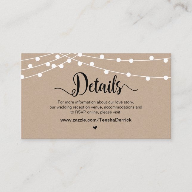 Rustic Farm String Lights, Wedding Details Enclosure Card (Front)