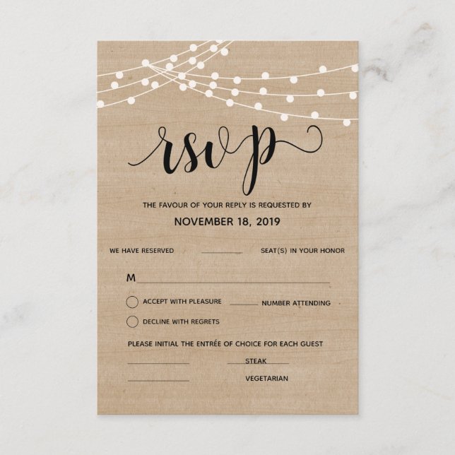 Rustic farm string lights wedding rsvp reply card (Front)