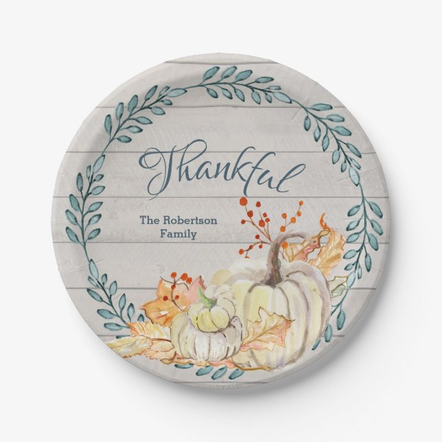 Rustic Farm Thanksgiving Family Watercolor Pumpkin Paper Plate (Front)