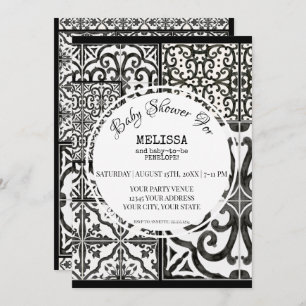 Rustic Farm Tile Black White Modern Baby Shower Invitation