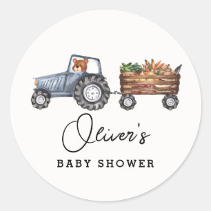 Rustic Farm Tractor Teddy Bear Baby Shower Classic Round Sticker