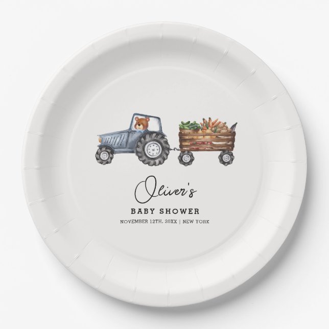 Rustic Farm Tractor Teddy Bear Baby Shower  Paper Plate (Front)