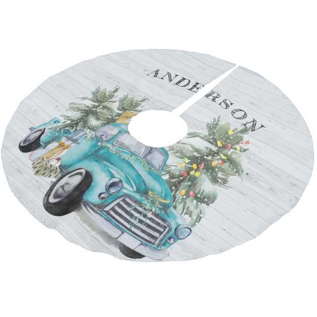 Rustic Farm Truck Christmas Family Name Tree Skirt (Angled)