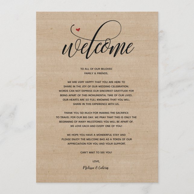 Rustic farm Wedding Welcome and Itinerary card (Front)