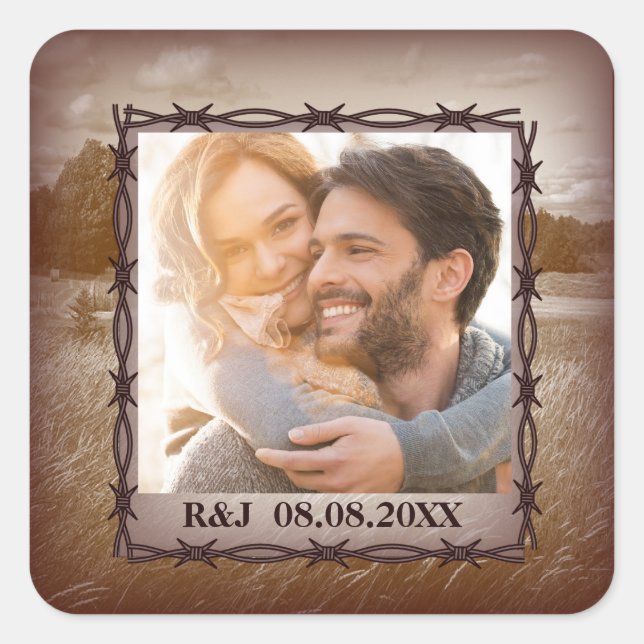 rustic farm western country barn wedding photo square sticker (Front)