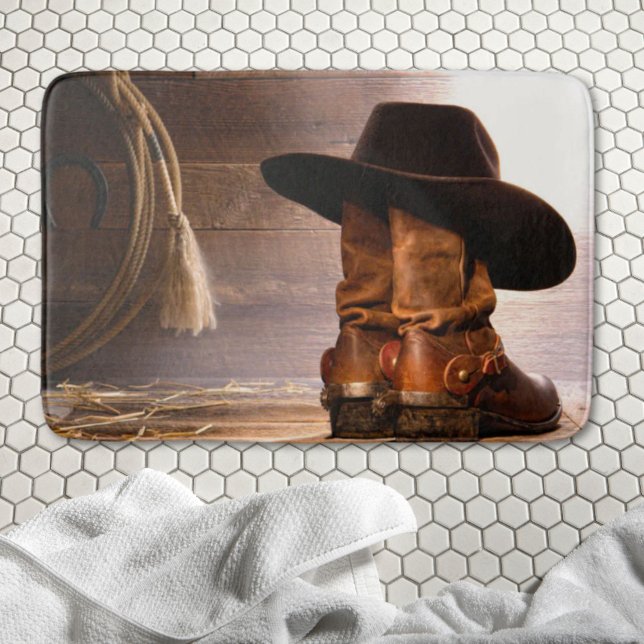 Rustic Farm western country barn wood cowboy boots Bath Mat (Rustic Farm western country barn wood cowboy boots Bath Mat)