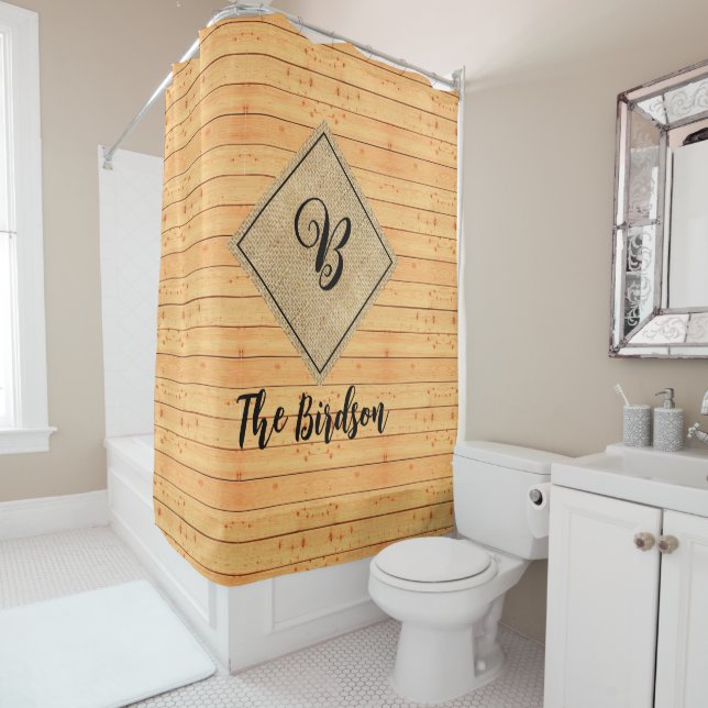 Rustic Farm Wood Burlap, Family Name Monogrammed Shower Curtain (In Situ)