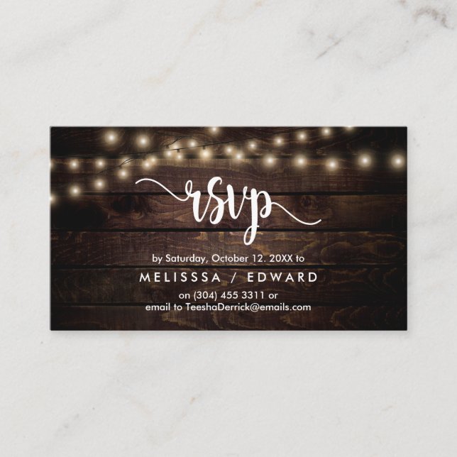 Rustic Farm Wood, String Lights, RSVP respond Enclosure Card (Front)