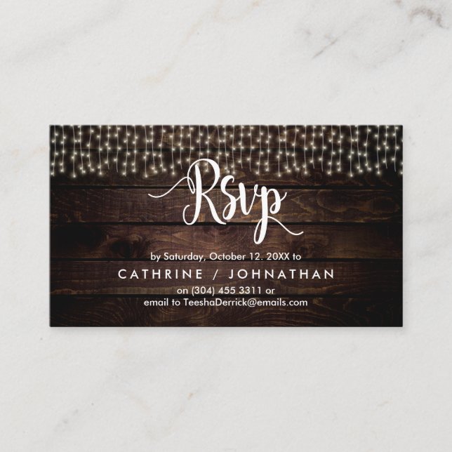 Rustic Farm Wood, String Lights, RSVP respond Enclosure Card (Front)
