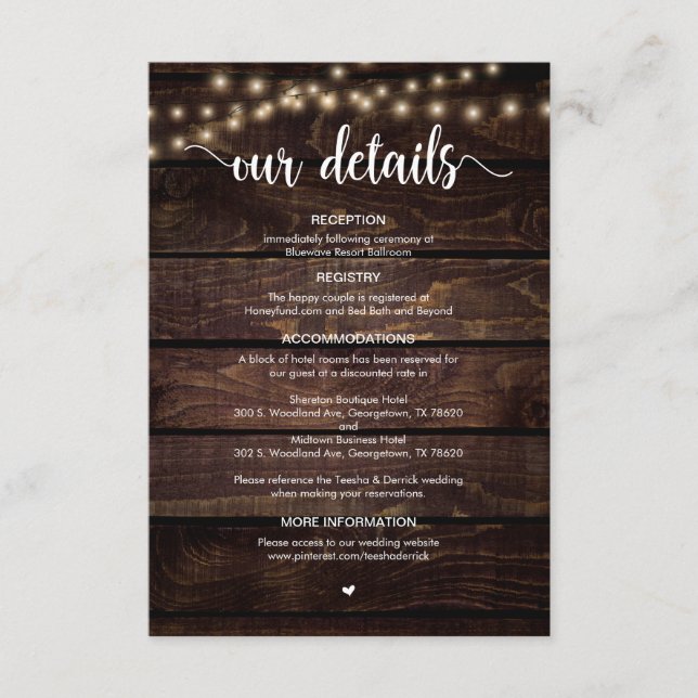 Rustic Farm Wood, String Lights, Wedding Details Enclosure Card (Front)
