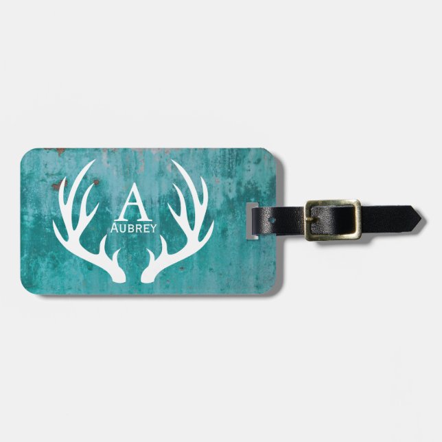 Rustic Farmhouse Antlers & Teal Rusted Metal Luggage Tag (Front Horizontal)