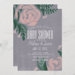 Rustic Farmhouse Baby Shower Pink Rose Floral Grey Invitation