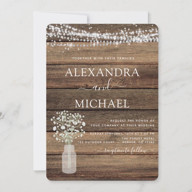 Rustic Farmhouse Baby's Breath Jar Wedding Invitation (Front)