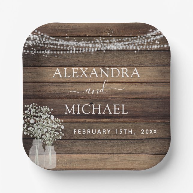 Rustic Farmhouse Baby's Breath Jar Wedding  Paper Plate (Front)