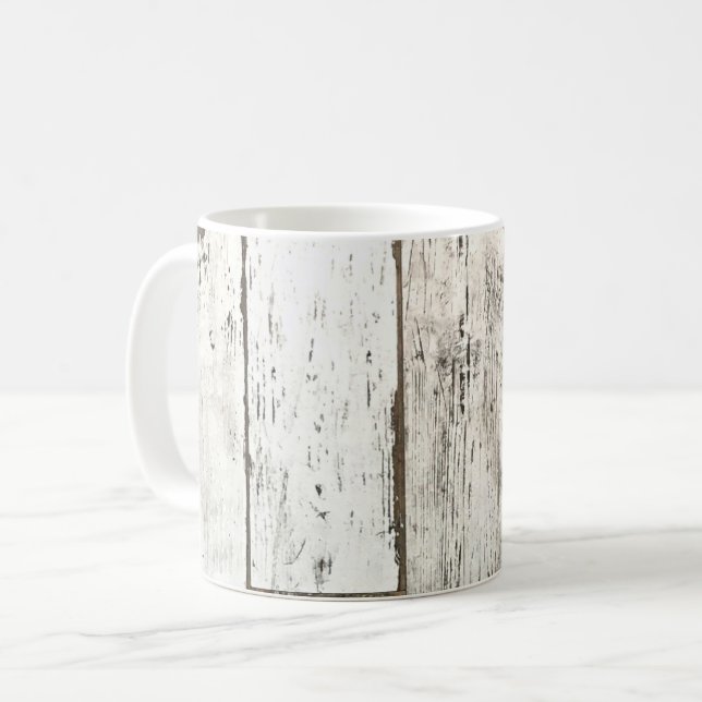 rustic farmhouse barn beige grey white wood grain coffee mug (Front Left)