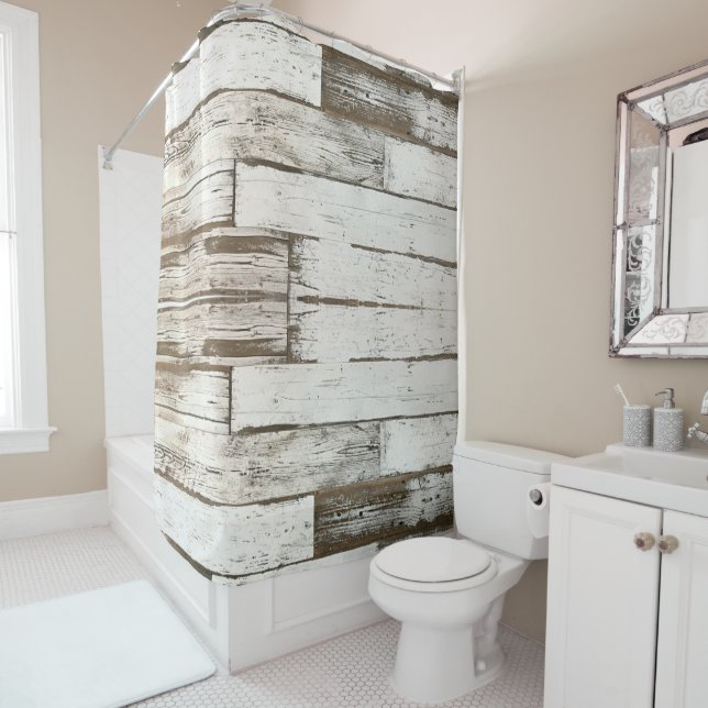 rustic farmhouse barn beige grey white wood grain shower curtain (In Situ)