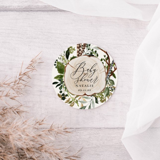 Rustic farmhouse barn botanical baby shower classic round sticker (Creator Uploaded)
